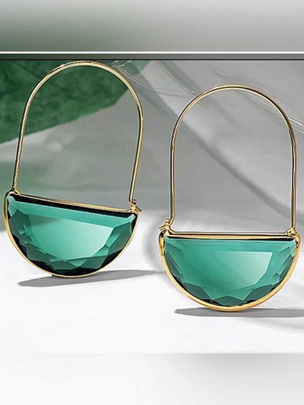Crescent Green Glass Hoop Earrings - Women Jewelry